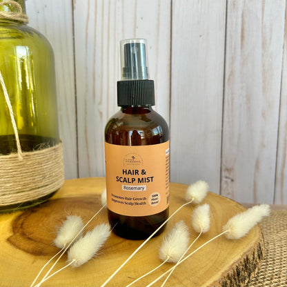Rosemary Hair & Scalp Mist on wooden board
