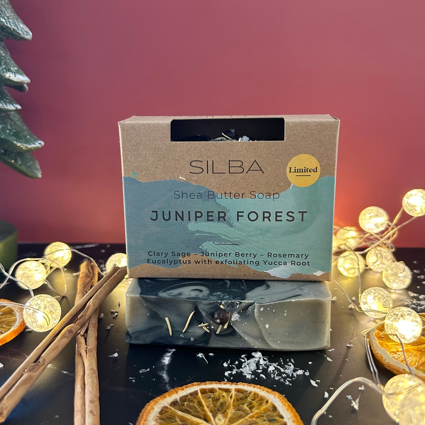 SILBA Winter Collection Juniper Forest Shea Butter Soap packed with decorative elements on a dark surface