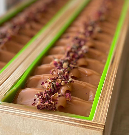 Rose Geranium Soap fresh poured into mold